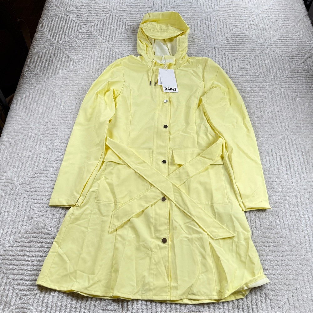 Rains Curve Jacket Women's XS Straw Yellow Waterproof Hooded Trench Raincoat NWT